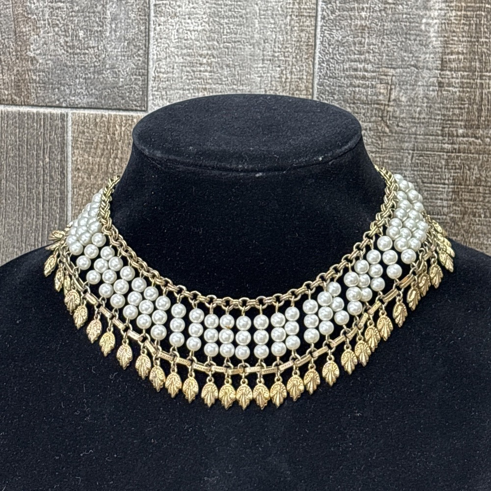 Vintage 1950s Gold Tone Faux Pearl Bib Statement Necklace Cleopatra Style